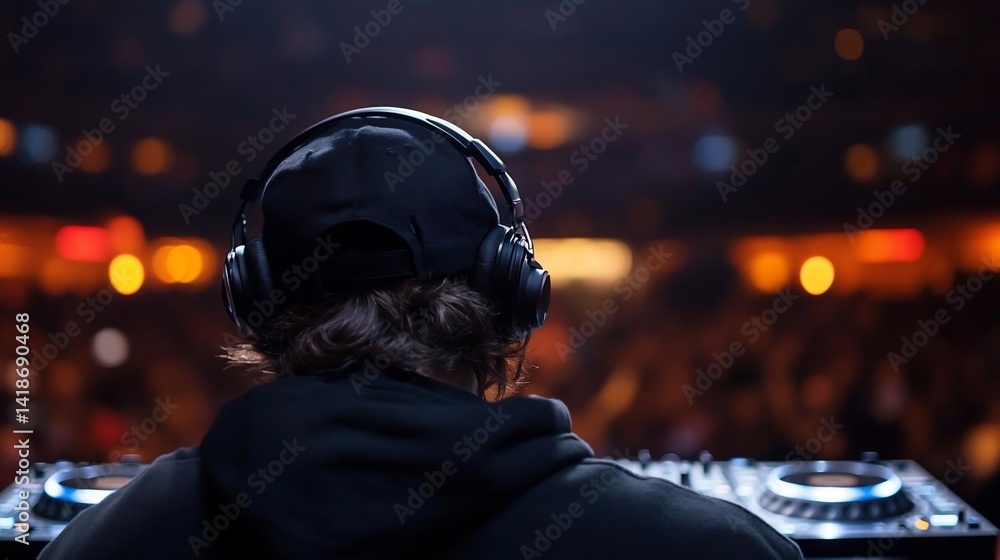 Poster Back view of a DJ with headphones at a concert. Dark setting with blurred background and bokeh lights. Person is wearing a black hoodie and cap