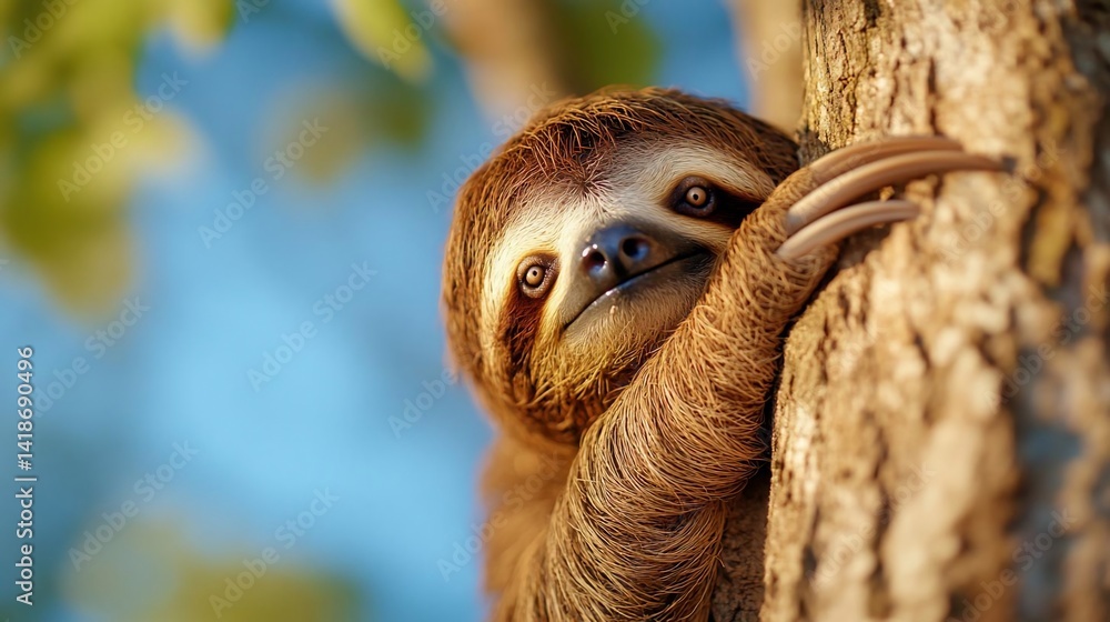 Aufkleber close-up view of an animal clinging to a tree trunk in a sunny environment with blue sky background