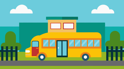 Yellow School Bus at Campus Entrance