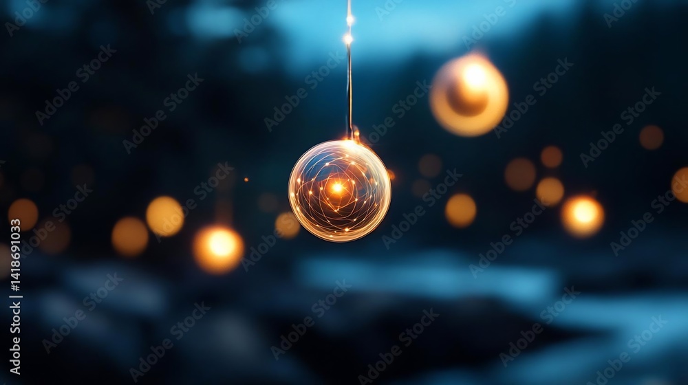 Poster close up of illuminated orbs with glitter effect against a blurred dark blue background suggesting d