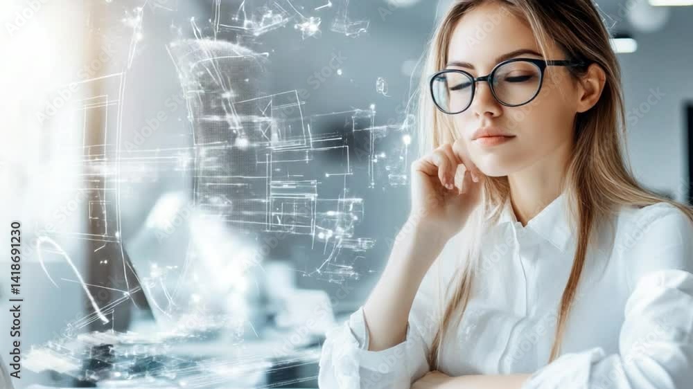 Poster thinking in the digital sphere: a woman, immersed in thought, surrounded by a network of data and te
