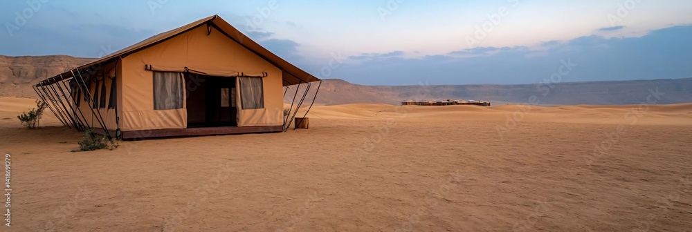 Poster desert landscape featuring a tent structure against a backdrop of mountains under a dusky sky. the s