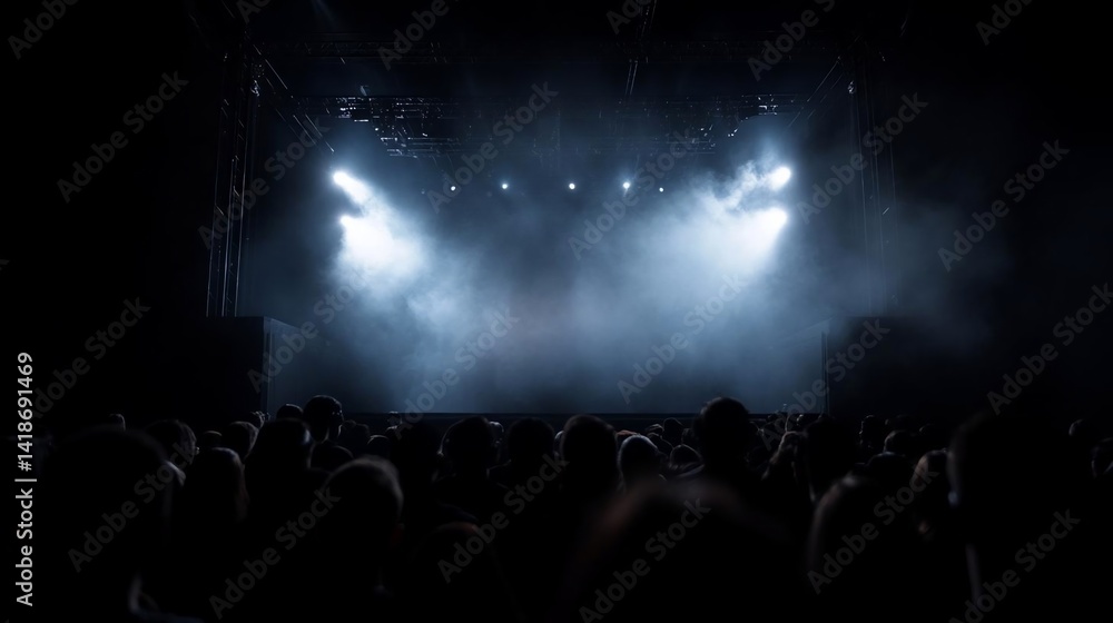 Aufkleber an obscured view of a packed audience watching a stage with bright spotlights emanating through a sm