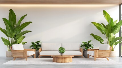 Fototapeta premium Modern minimalist living room indoor plants enhancing bright interior decor