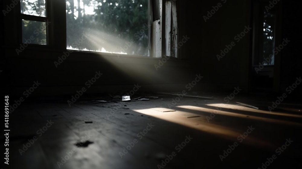 Poster interior view of an abandoned room with light streaming through a window casting shadows across a wo