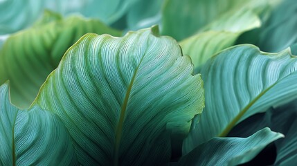 Obraz premium Lush green leaves close-up. Intricate leaf veins. Vibrant colors