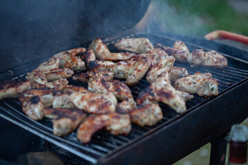 Grilled Chicken Wings Cooking on Outdoor Charcoal Barbecue Grill