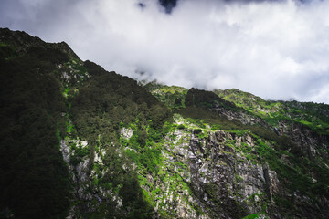 Beautiful landscape shot of a gorgeous Himalayan mountain valley with dense forests during monsoon...
