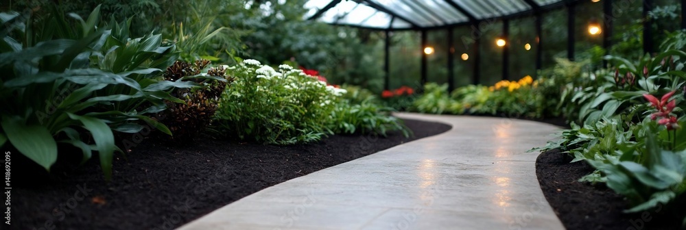 Leinwandbilder curving paved pathway through lush green botanical garden beds. illuminated by soft lights. dark soi
