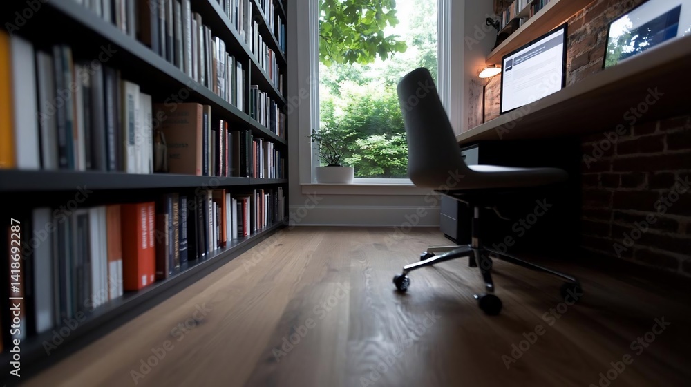 Poster a modern office space with a brick wall a wooden desk a bookshelf and a chair next to the window wit