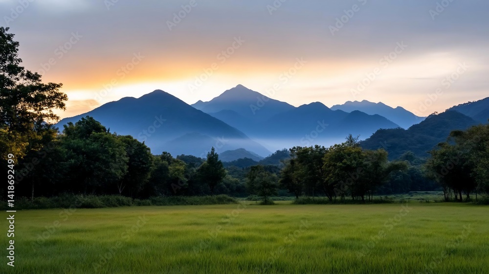 Poster serene landscape featuring green field and trees beneath hazy blue mountains during golden hour. atm