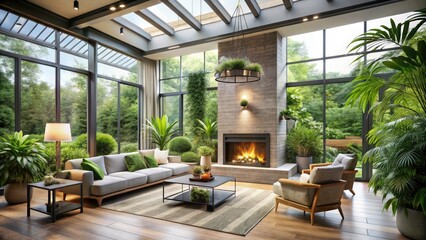 Fototapeta premium Modern Minimalist Sunroom with Fireplace and Indoor Plants in Drone Photography