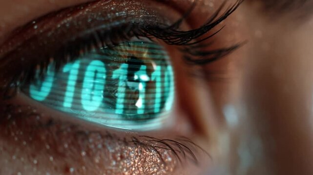 Digital Eye: A close-up shot of an eye reflecting binary code, merging technology with the human element. Revealing an intimate and artistic connection between human perception and the digital age.