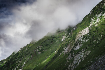 Beautiful landscape shot of a gorgeous Thamsar pass Himalayan mountain valley with dense forests...