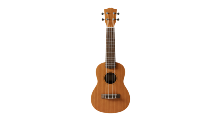 A beautifully crafted wooden ukulele stands upright against a plain background, showcasing its elegant design and craftsmanship