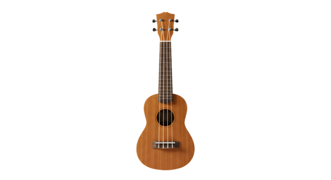 A beautifully crafted wooden ukulele stands upright against a plain background, showcasing its elegant design and craftsmanship