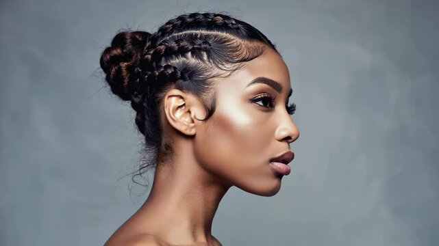 Elegant portrait of a beautiful young woman with braided hair, soft makeup, and smooth skin in side profile against a solid grey background