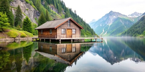 Fototapeta premium Mountain Lake Cabin - Scenic Landscape Photography, Rule of Thirds Composition, Alpine Hut, Lake House, Nature Photography, Rustic Cabin