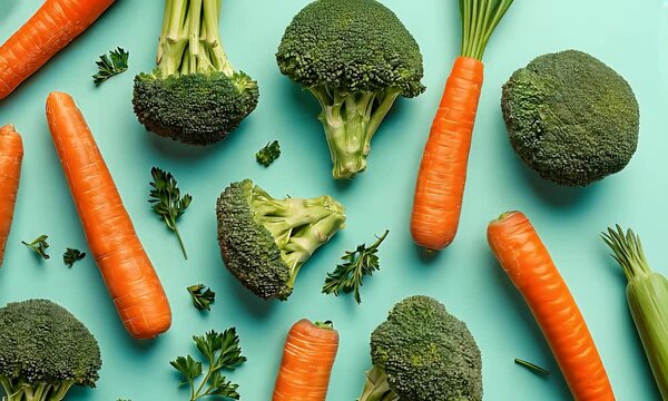 Fresh, vibrant carrots and broccoli form a colorful pattern against a light blue background. Healthy, organic vegetables display