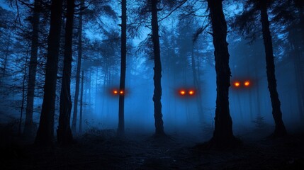 Fototapeta premium Mysterious Forest at Night: Eerie Glowing Eyes in the Dark Woods