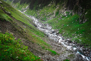 Beautiful landscape shot of a gorgeous barot mountain valley with dense forests during monsoon...