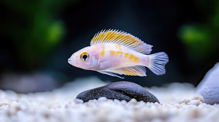 Obraz premium A vibrant colorful fish swimming gracefully over smooth pebbles in a clear freshwater aquarium, close-up shot with soft focus background, and aquatic life concept.