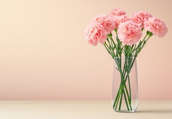 Pastel Pink Carnation Bouquet in Glass Vase on Wooden Table