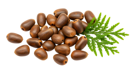 A close-up of brown seeds scattered on a white background, accompanied by a green fern leaf, ideal for botanical themes