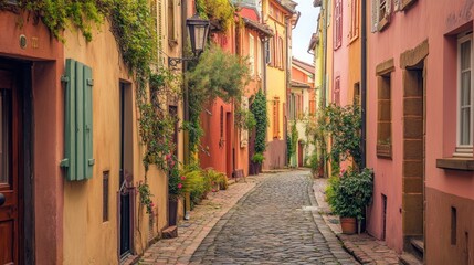 Fototapeta premium Charming Cobblestone Street in a Colorful European Town