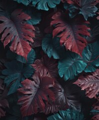 Deep teal & burgundy exotic leaves, dense shadows, vibrant pattern , dense, illustration