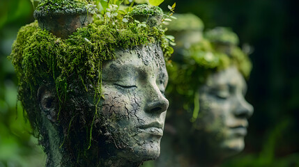 Obraz premium Moss Covered Stone Head Statues with Serene Expression in a Lush Garden