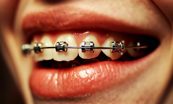 Smiling mouth with braces. Metal brackets for teeth alignment. Close-up profile. Pink lips and visible gum line