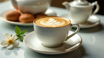 Fototapeta premium A beautifully crafted latte with intricate art, served in an elegant white cup beside a delicate flower on a wooden table