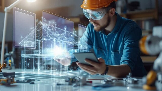 Architect's Futuristic Vision: A construction engineer in safety glasses and a hard hat studies digital plans on a tablet, bringing a building design to life with augmented reality projections.