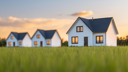 real estate passive income, Charming White Houses in a Lush Green Field at Sunset in the Background
