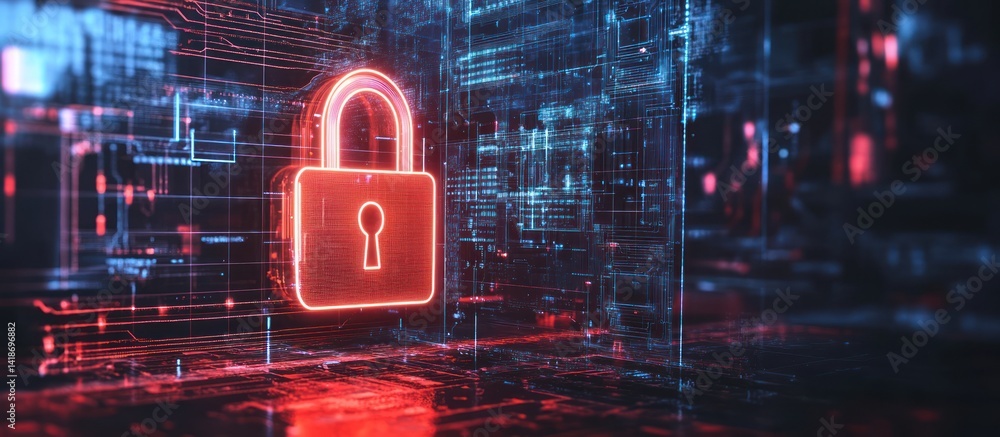 Aufkleber digital fortress: secure network protection with an illuminated padlock emblem