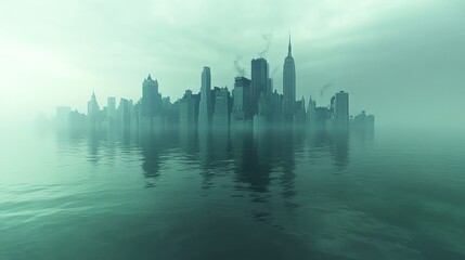 Fototapeta premium A striking city skyline submerged by escalating sea levels, showcasing the impacts of climate change and urban vulnerability.