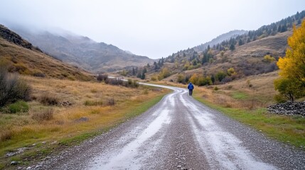 Fototapeta premium A lone cyclist riding on a winding dirt road through a picturesque autumn valley, surrounded by rolling hills and colorful foliage, and scenic journey concept.