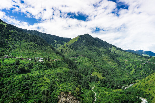 Shot of Landscape of Barot valley in Himachal Pradesh. It is known for its stunning natural beauty,  Located on the banks of the Uhl River, famous for Trekking, camping, trout fishing and paragliding
