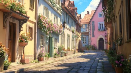 Fototapeta premium Charming European Village Street, Sunlit Cobblestone Lane, Flower-Adorned Buildings, Summer Day, Idyllic Scenery