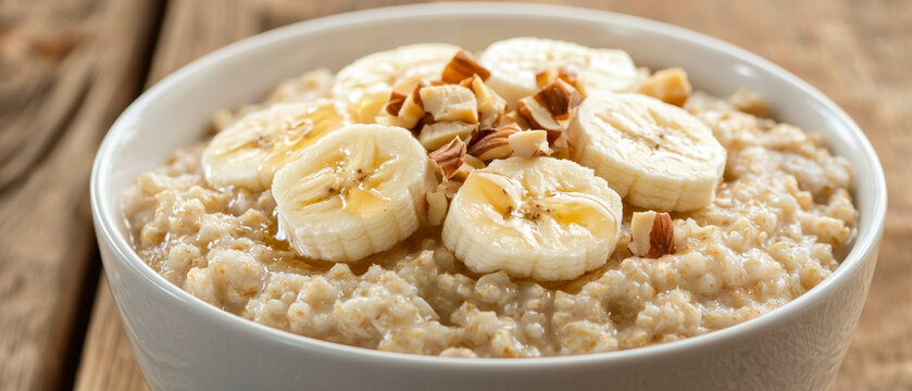 Creamy oatmeal topped with banana slices, almonds, and a drizzle of honey