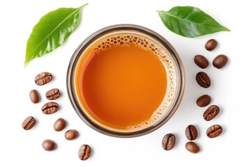 Coffee drink in glass with coffee beans and leaves