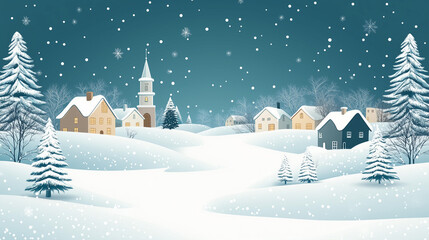 A simple vector illustration of snow falling on houses and trees in the distance