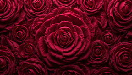 A dense arrangement of dark red roses filling the frame with a central large rose blossom