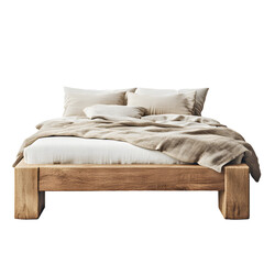 Obraz premium A cozy wooden bed with soft beige bedding, set against a minimalistic background, perfect for a serene bedroom atmosphere