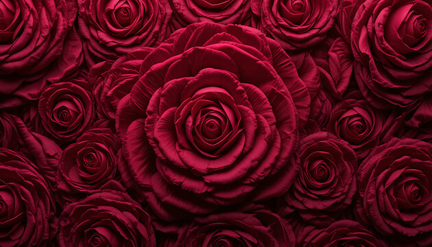 A dense arrangement of dark red roses filling the frame with a central large rose blossom