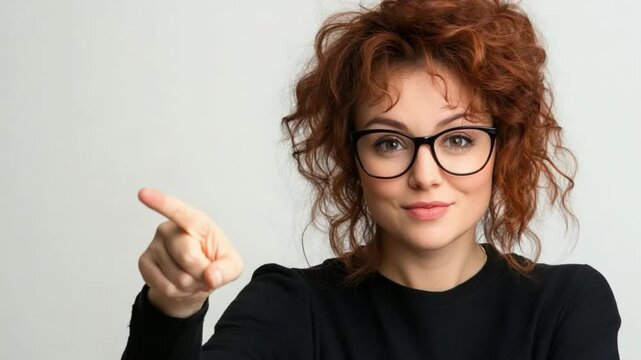Confident Gaze: A young woman with vibrant red curly hair and trendy glasses, gazes directly at the viewer with a confident and assertive expression.