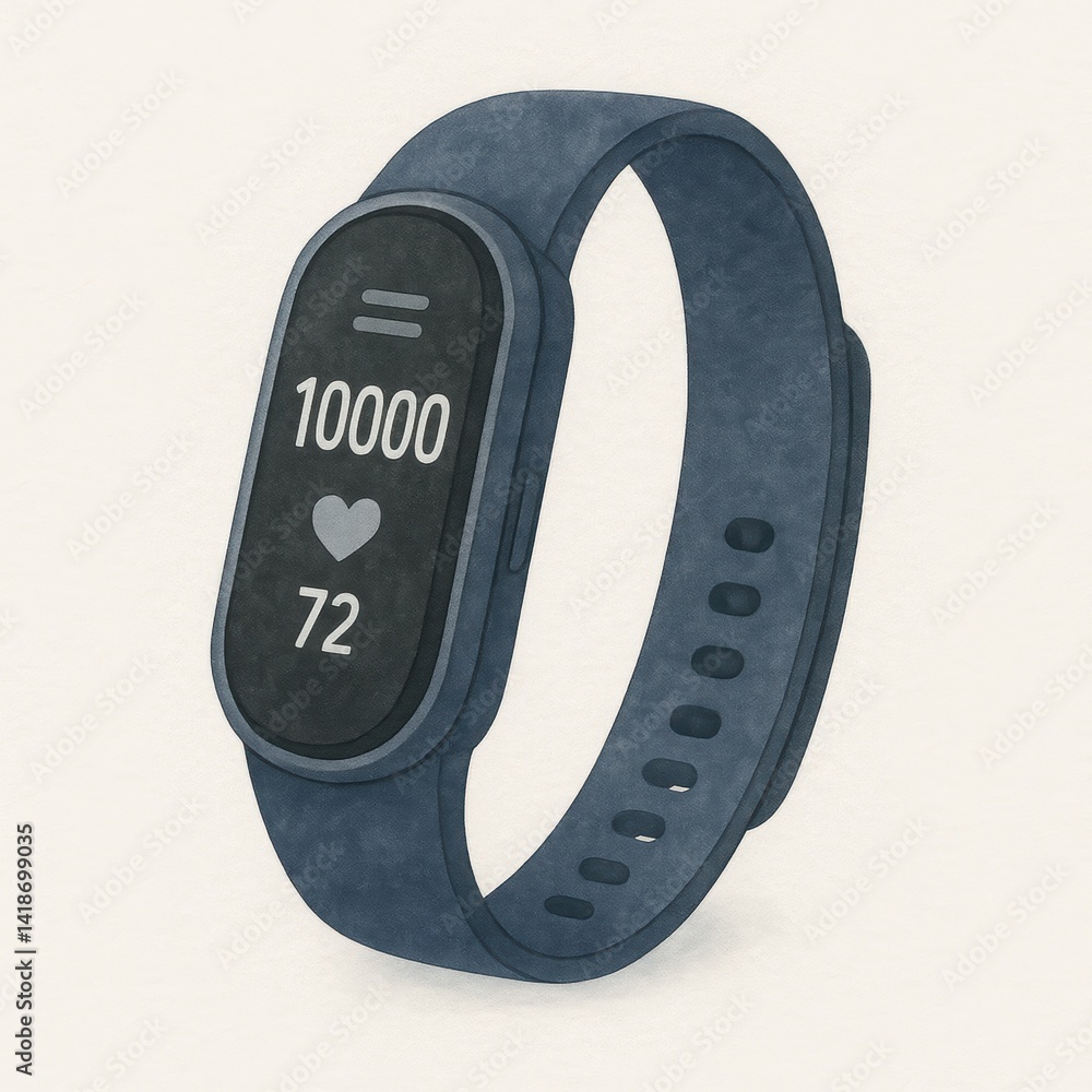 Poster a sleek fitness tracker displaying step count and heart rate on a minimalist design, perfect for hea