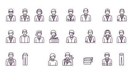 Coworkers outline icons collection. Colleagues, Collaborators, Teammates, Peers, Associates, Workmates, Comrades vector and illustration concept set. Annuitants, Partners, Classmates linear signs