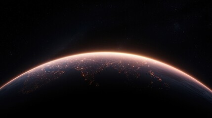 Fototapeta premium Earth's luminous horizon in the vastness of space. A breathtaking view of our planet, bathed in the golden glow of sunrise or sunset, seen from a distant perspective in the cosmos.